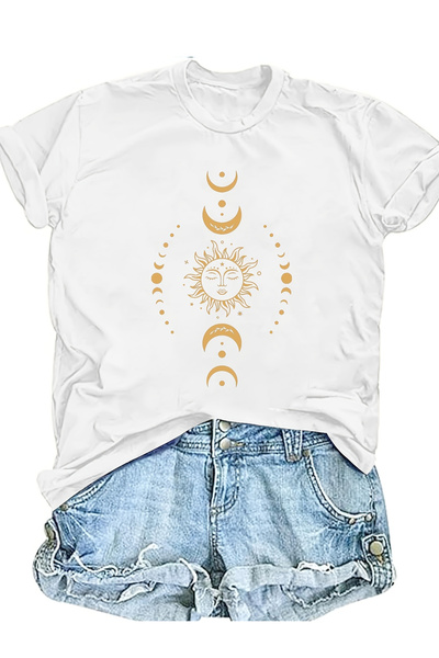 128 Women's Printed Shirts with Sun, Moon, and Stars as a Short-Sleeved Colla...