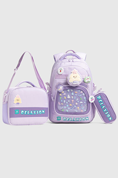 By Hakan 1815 Triple Set Primary School Bag with Pen Holder and Lunch Bag Lila