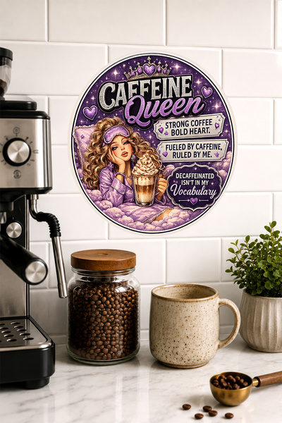 Mayeka Kraljica kofeina, retro MDF okrugla zidna ploča sa temom ljubičaste kafe