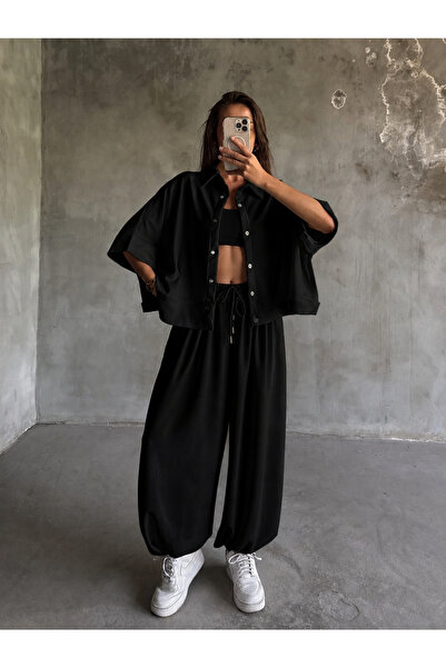 My Blog Black Snap Detailed Poncho Set - 4181