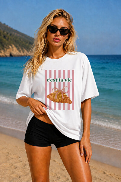 FECCY Premium Cest La Vie Printed Oversize Women's T-Shirt Cotton Oversize T-...