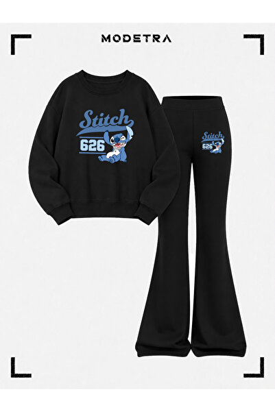 Modetra Girl's Angel Lilo Stitch Printed 2-Piece Black Cotton Winter Crew Nec...