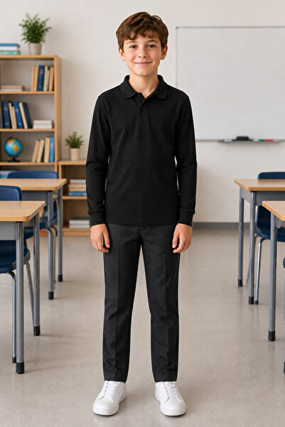 QKK Children's Unisex Black Long Sleeve Polo Collar School T-Shirt 100% Cotto...