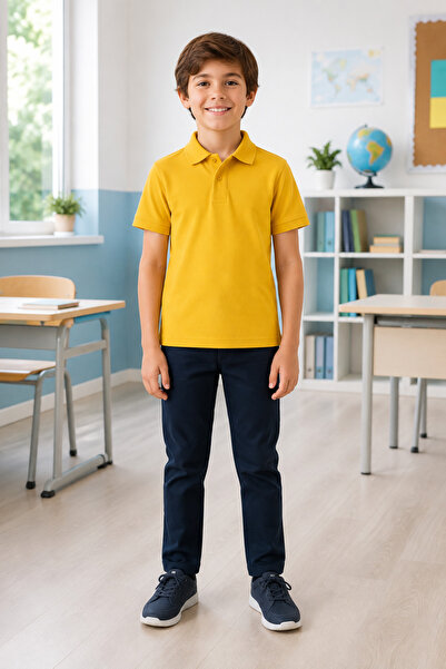 QKK Children's Unisex Mustard Short Sleeve Polo Collar School T-Shirt 100% Co...