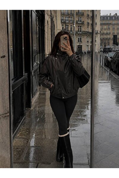 D'RECCY Women's Stand Collar Soft Leather Oversized Bomber Jacket