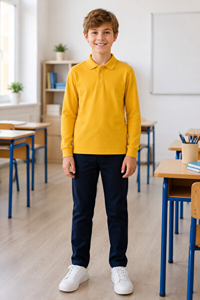 QKK Children's Unisex Mustard Long Sleeve Polo Collar School T-Shirt 100% Cot...