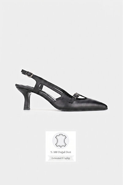TUNAELLİ Women's Black Genuine Natural Leather Shoes with Open Back and Thin ...