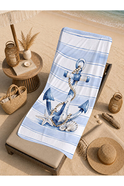 Evmila Nautical Anchor Rope Blue White Striped Patterned 70x150 Prosop de pla...