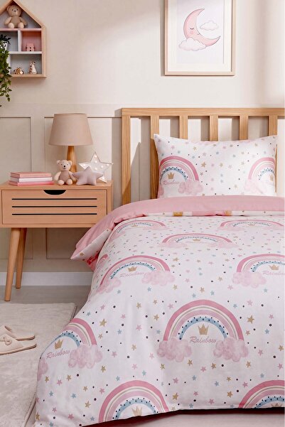 Rivaİstanbul Pink Rainbow Single Cotton Children's Duvet Cover Set