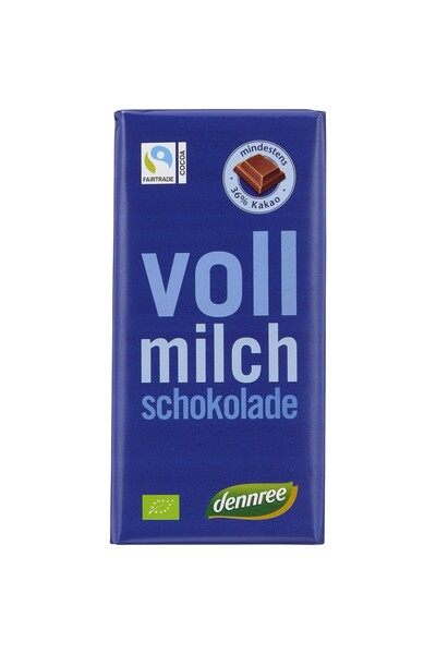 Dennree Ciocolată cu lapte integral, 34% cacao organic, 100g