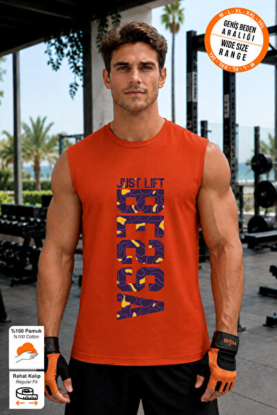 BESSA Orange Just Lift White Printed Crew Neck Sports Athlete Tank Top Cotton...