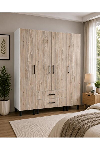 TRNHOME Luna 4 Kapak 2 Çekmeceli Gardırop 160x195x50 cm – Beyaz Çok Amaçlı El...