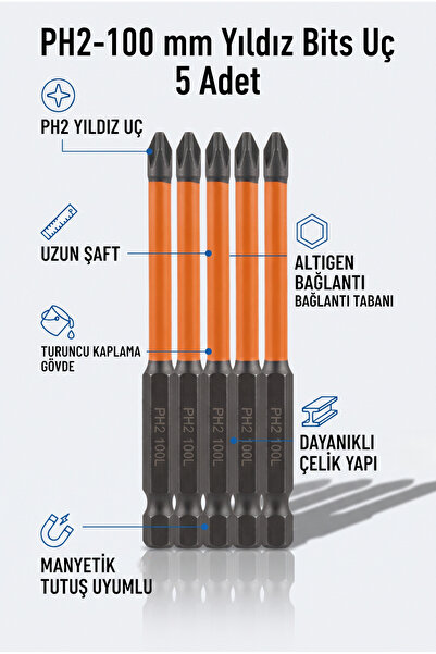 Genel Markalar PH2 100 mm Yıldız Bits Vidalama Ucu 5 Adet - Turuncu Kaplama G...