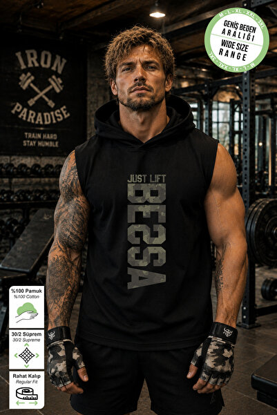 BESSA Black Just Lift Camouflage Printed Standard Fit Hooded Sports Athlete C...