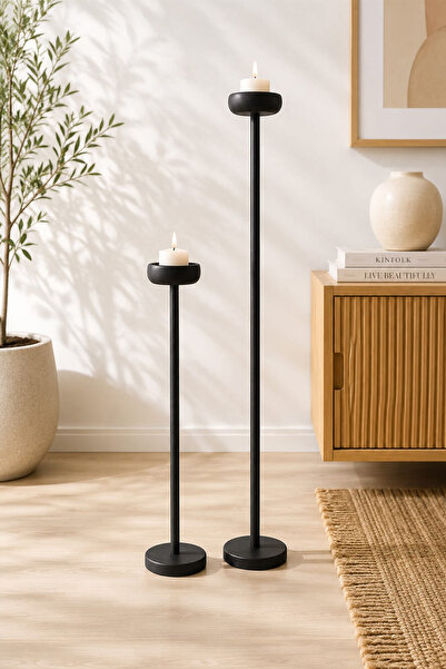 New Roche Dekoratif Doğal Ahşap 2’li Şamdan Seti | 120 cm & 80 cm Dekoratif A...