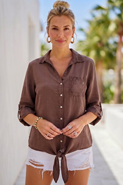 Chiccy Light Brown Shirt Collar 3/4 Sleeve Buttoned Pocketed Tie-Waist Back B...