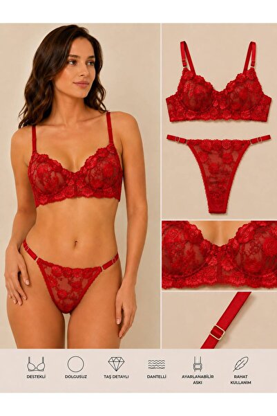 Shesu Kadın Dantelli Balenli Tül Bralet Tanga 2'li Takım Love Secret
