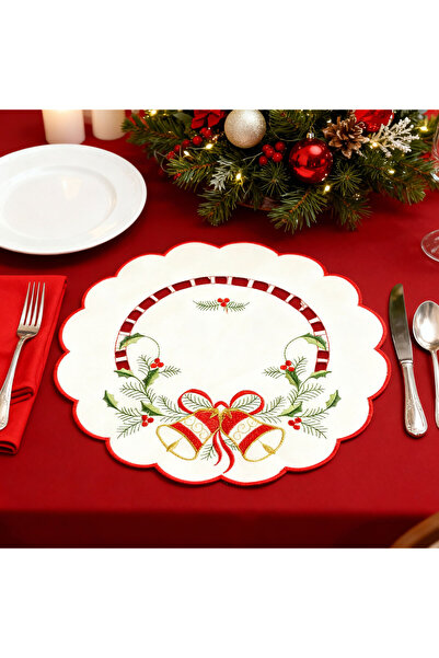 Alista Home Christmas Round Tablecloth, 29 cm embroidered, bell/candle/mistle...