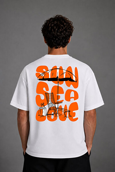 VSRN Tricou oversize alb cu imprimeu pe spate Sun Sea Tasarım