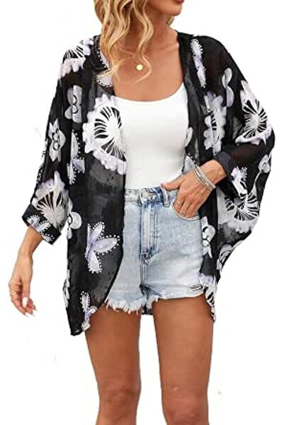 GENERAL olrain Women's Floral Print Sheer Chiffon 3/4 Bat Sleeve Casual Loose...