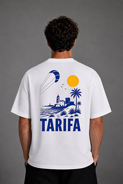 VSRN Tricou supradimensionat alb cu imprimeu pe spate Tarıfa Design