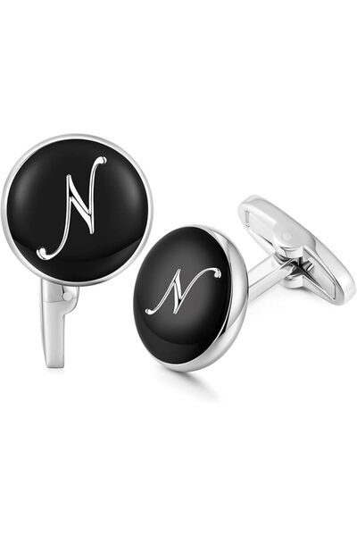 honeyfoam HONEY BEAR Initial Alphabet Letter Cufflinks for Men, Black Round S...