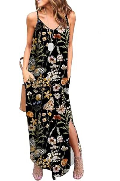 GENERAL HUSKARY Women's Summer Casual Sleeveless V Neck Strappy Split Loose D...