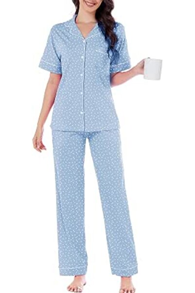 LUBOT 100% Cotton Pajamas for Women PJ Set Button-Down Knitted Soft Long Shor...
