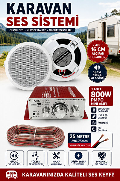 poke audio 12 Volt Karavan Ses Sistemi 2'li 16 cm Alçıpan Hoparlör + 800W PMP...