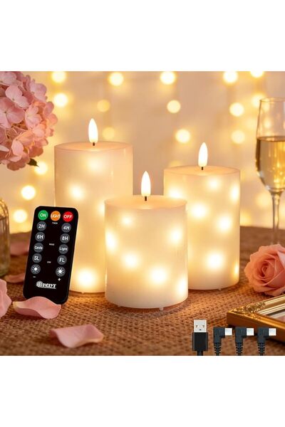 LEDHOLYT Rechargeable Flameless Glass Pillar Candles–Gifts for Women–Set of 3...
