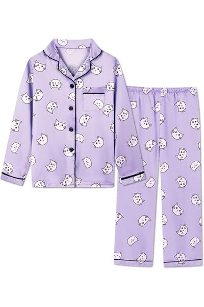 GENERAL Schbbbta Girls Boys Satin Pajamas Set, 2Piece Silk Nightwear Button-D...