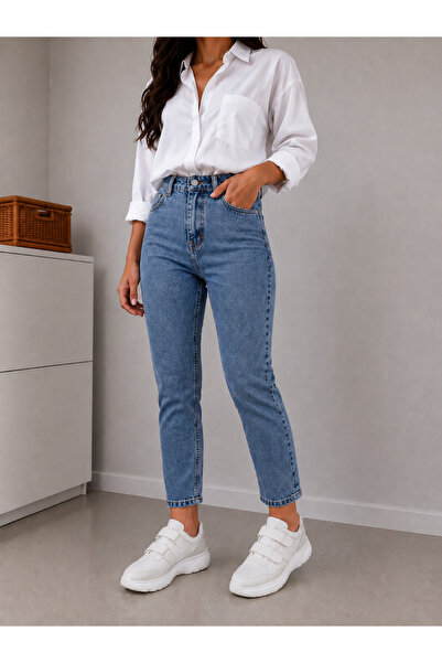 DELDNM Alley Women's Snow Blue High Waist Lycra Trend Mom Jean