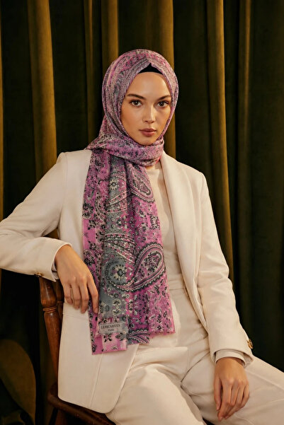 Lesscarves Desenli Pamuk İpek Şal LS2301 Etnik Şal Desen 03-Pudra-Füme