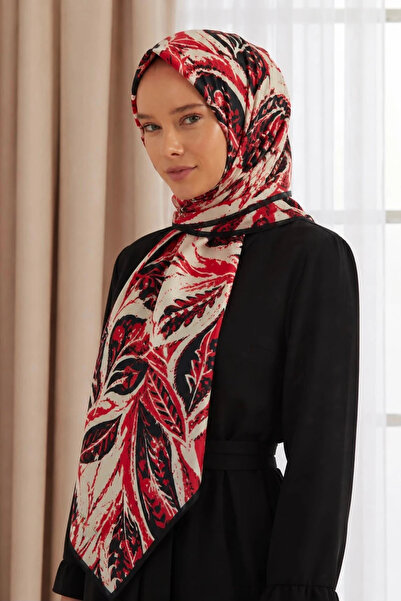 Lesscarves Desenli Pamuk İpek Şal LS2303 Şal Desen 05-Krem-Siyah-Mercan