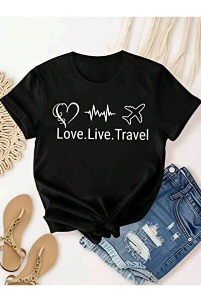 23ERVA Love Live Travel, Women's Heart Pulse Plane Design, Pure Cotton T-Shir...