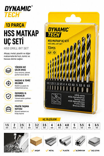 DynamicTech Profesyonel 13 Parça Hss Matkap Uç Seti 1.5-6.5 mm Metal Ahşap Plastik Delme Ucu