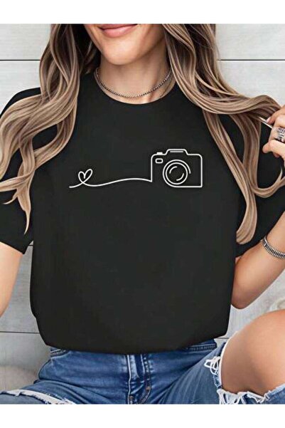 23ERVA Women's Camera Heart Design, Pure Cotton T-Shirt, Casual Wear Spring A...