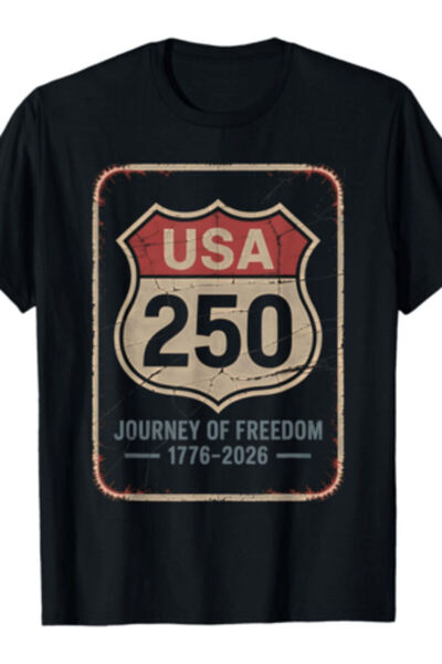 4CR "USA 250 Journey Freedom 1776-2026" Retro Highway Sign Print Black T-Shir...