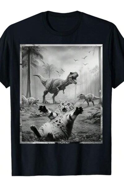 23ERVA Men's Funny Cat & T-Rex Dinosaur Graphic Tee - Soft Cotton, Short Slee...