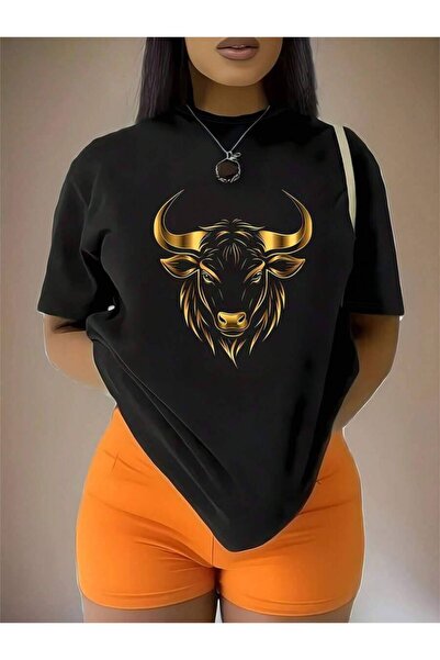 2BIR Women'S Black T-Shirt With Golden Bull Head Print - Casual Crew Neck, Sh...