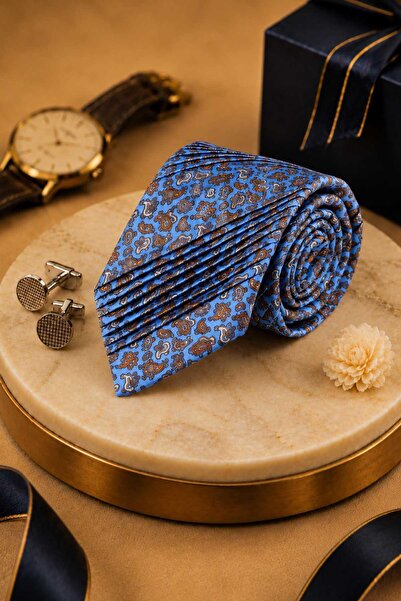 Kravatkolik Blue Shawl Pattern Italian Silk Pleated Tie Est227