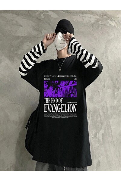 DEEFWEAR Mi̇ngalondon Touz the End of Evangelion Striped Sleeve Unisex T-Shirt