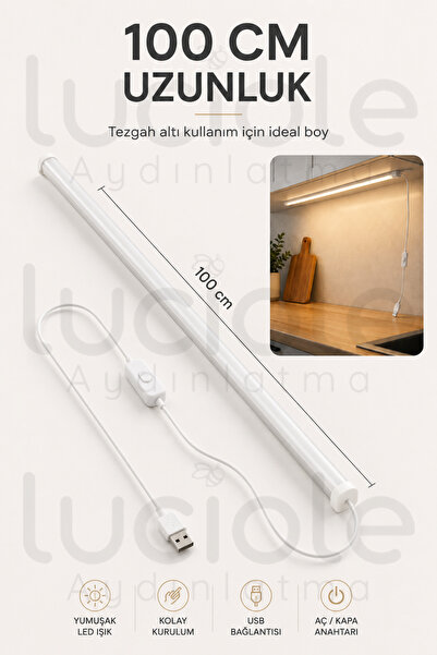luciole Mutfak Dolap Altı Günışığı LED Çubuk 100 cm USB 5V Anahtarlı Yapışkanlı Tezgah Raf Işığı