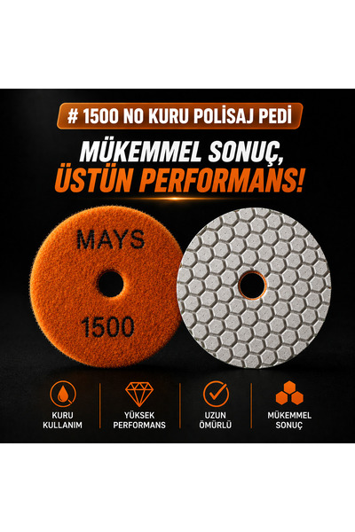 MAYS 1500 No Kuru Polisaj Pedi 100 mm Mermer Granit Porselen Kuvars Çimstone ...