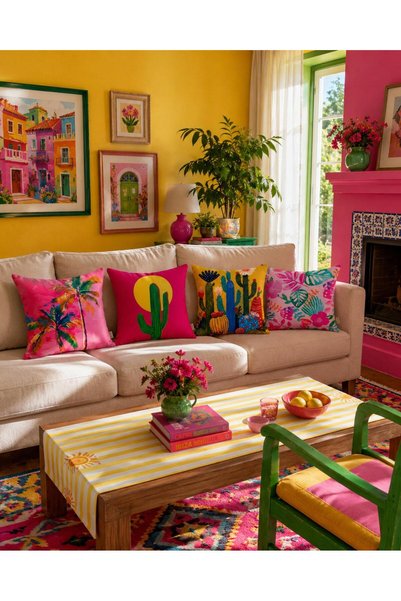 R-EYLA R'Eyla Cactus Set of 4 Decorative Throw Pillow Covers 45X45 cm Colorful Cactus Palm Tropical Patterned