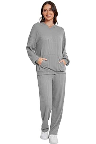 GENERAL SotRong Waffle Knit Kangaroo Pocket Drop Shoulder Hooded Loungewear S...
