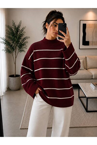 OTAKU Women's Oversize Striped Knitwear Sweater Turtleneck Long Sleeve Loose ...