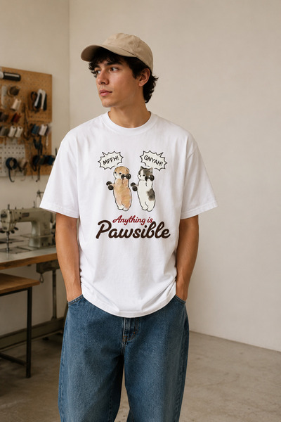 Generic Brand Unisex White T-Shirt Paw Cats Oversize