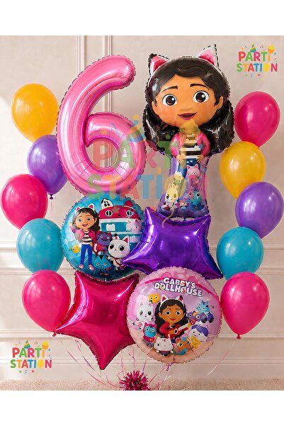 Parti Station Gabby Dollhouse Balloon Set 6 Years Old 14 Piece Birthday Ballo...