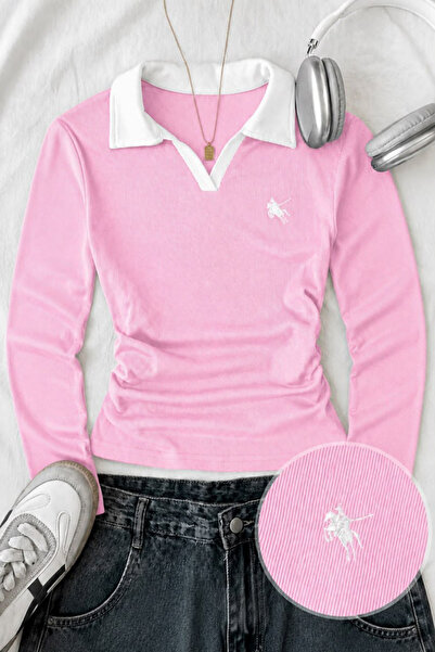 1blood Olos Polo Collar Embroidered Gathered Long Sleeve Blouse